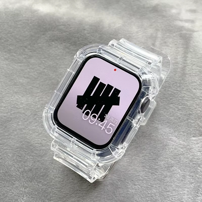 Фото Силиконовый ремешок + чехол для Apple Watch ремешки 11 42 мм 46 мм 44 мм 40 мм 41 мм 45 мм Прозрачный браслет iWatch серии 10 9 8 7 6 5 Se 3 №4