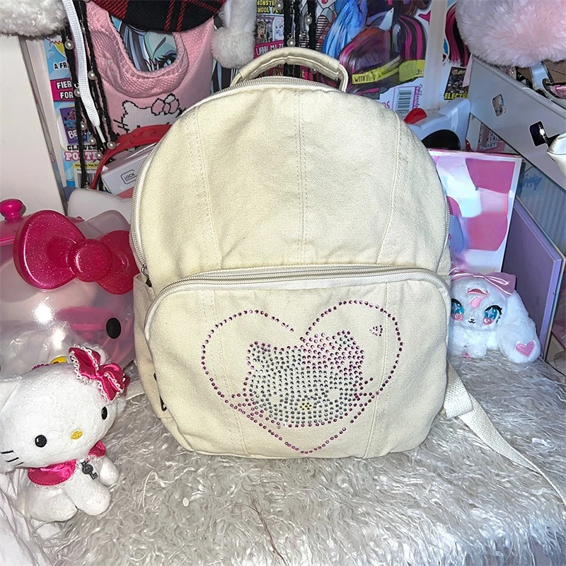 Sanrio Retro Cute Schoolbag Girl Hello Kitty Diamond Backpack Bags for Women School Backpack for College Students