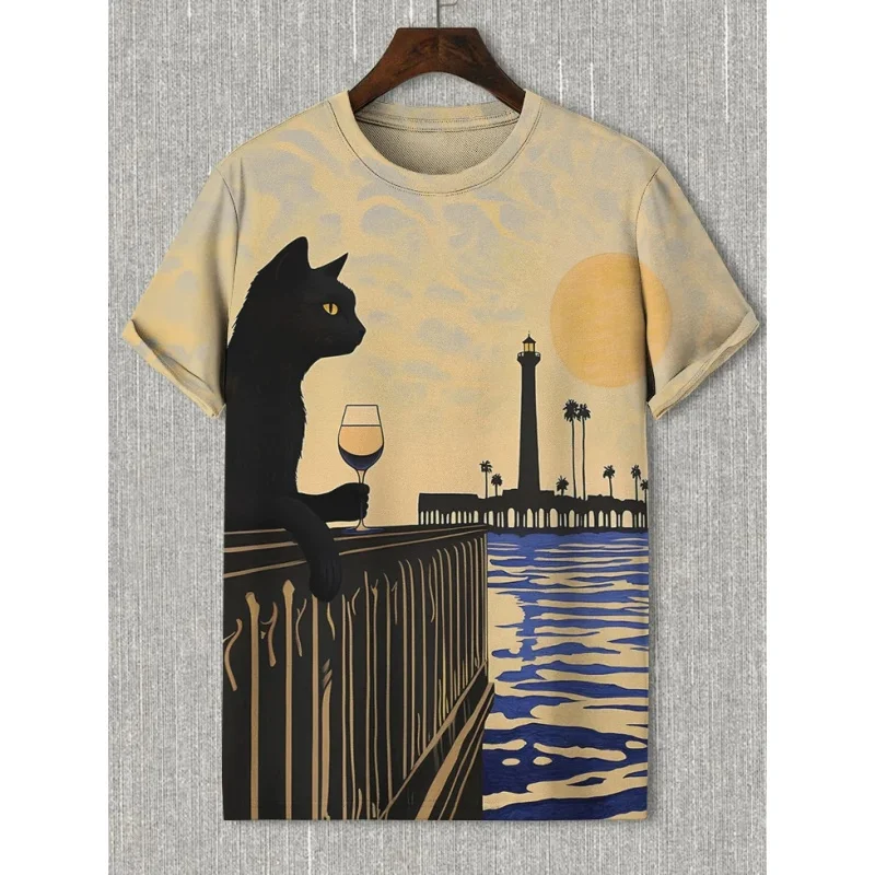 Фото Футболка с графическим рисунком Beach Cat для мужчин, забавные футболки с 3D принтом животных, летние модные топы с круглым вырезом, свободные футболки с короткими рукавами №1