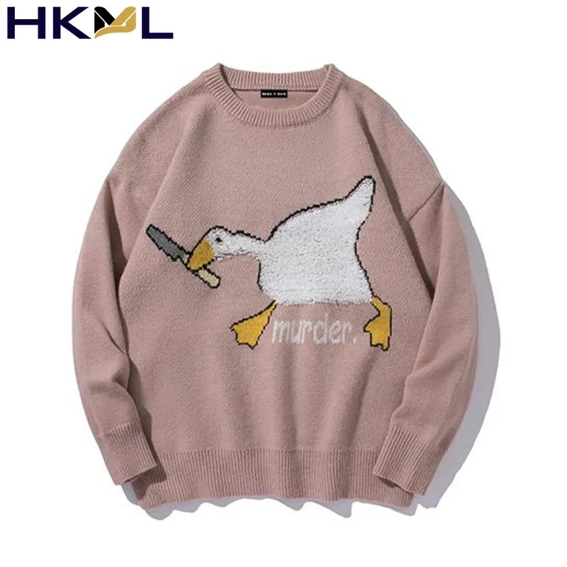 

Harajuku Cotton Casual Pullover oversize unisex sweater Goose sweater pink blue murder goose Pattern Knitted Sweater