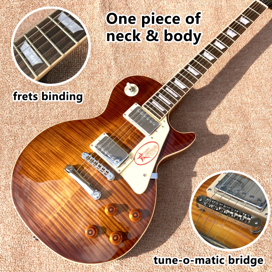 

2023 One piece of neck and body electric guitar, frets binding, Tune-o-Matic bridge, Solid mahogany body, Tobacco burst maple to