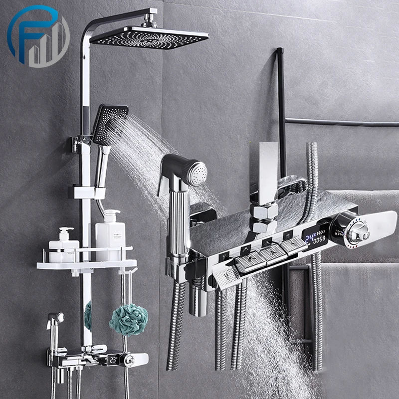 

Black/Chrome Brass Thermostatic Digital Display Shower Faucet Bathroom Shower Set Hot Cold Shower Mixer Crane Rain Shower Column
