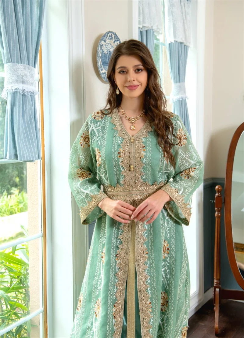 Gorgeous Party Evening Dresses for Women Corban Eid Al Adha New Moroccan Caftan Dubai Mesh Embroidery Lace Gold Tape Trim Abaya