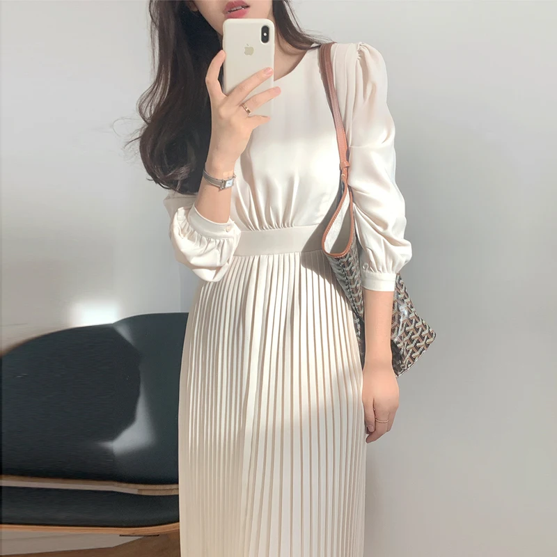 

Harajuku Solid Korean O-Neck Puff Sleeve Dress for Women Pleated Dress Long Sleeve Slim Midi Party Dresses Elegant Spring 2022