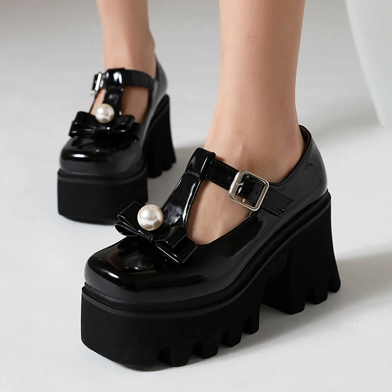

High Platform Bright Patent Leather Bow Pearl Women's Pumps Super High Thick Heel Metal Buckle Breathable Inner Shoes 2023