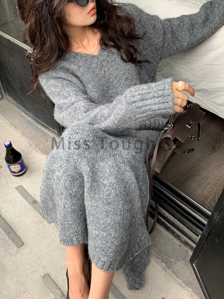 Осенне-зимний вязаный элегантный комплект из 2 предметов в стиле ретро женский