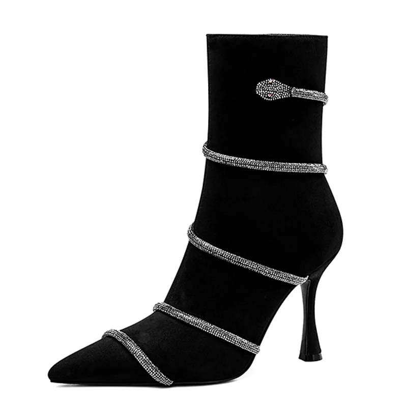 

(YYDD) Autumn Winter Kid Suede Pointed Toe Bling Crystal Snake Elegant Ankle High Heels Women‘s Boots Party Dress Size34-39