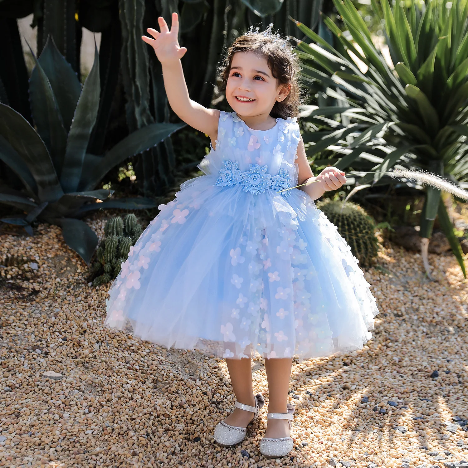 

2022 Kids Elegant Pearl Cake Princes lDress Children Gowns For Wedding Birthday Party Blue Flower Girl Dress Clothes