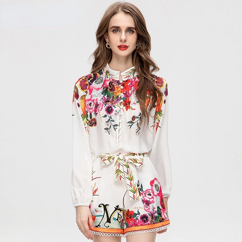 

2023 Runway Luxury summer Women's Dress Stand Collar Lantern Long Sleeve Bow Belt Single Breasted Flower Printing Shorts Suit