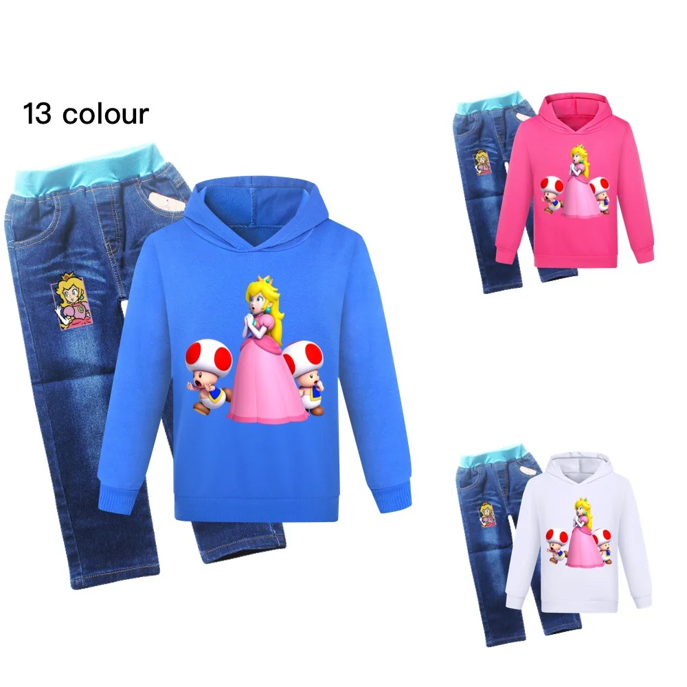 

2023 princess peach Children Hoodie Sets Washed jeans Pants 2 Pcs Autumn Kids Jogger Sweatshirts Suits Toddler Girls Clothing