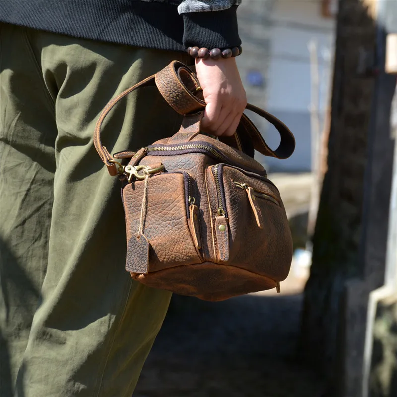 PNDME vintage crazy horse cowhide men's daily crossbody bags outdoor casual  luxury genuine leather shoulder bag small handbag