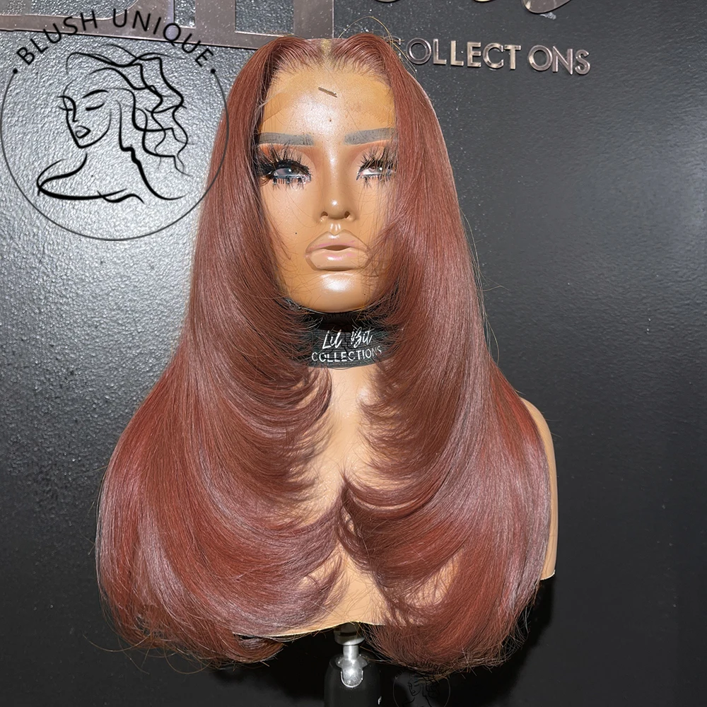 Красновато-коричневый многослойный парик фронта шнурка HD Прямые медно-красные