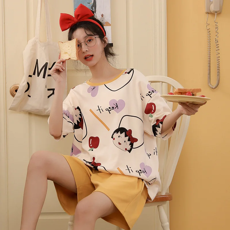 

2022 new style pajamas women's summer short sleeved shorts two-piece cartoon leisure loose large home clothes can be worn out