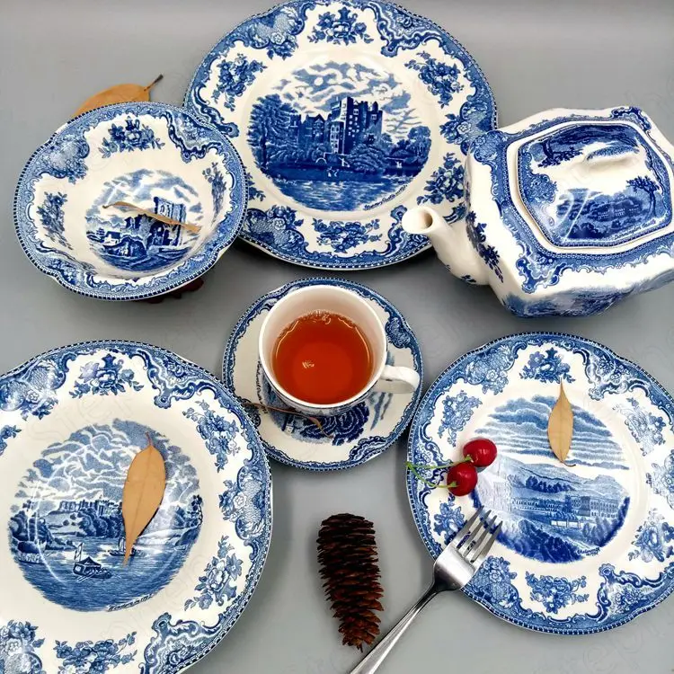 

Глазурованная керамическая тарелка дворца синего цвета, американская Классическая окрашенная кофейная чашка с подносом, десертные тарелки для торта и послеобеденного чая