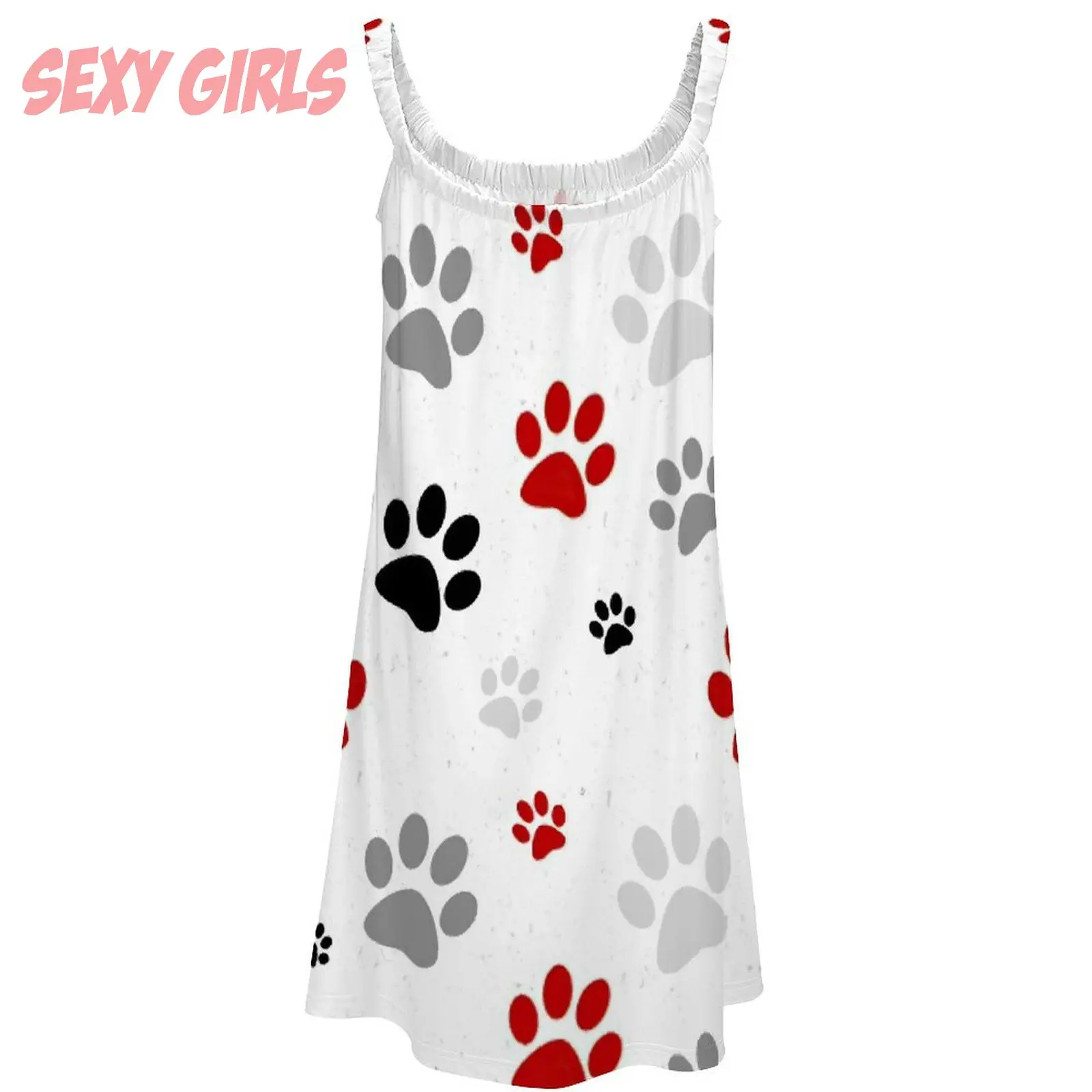 Colorful Dog Paw Print Dress Midi Women Fashion Summer Strap Beach Dress Bohemian Sleeveless Party Dresses Elegant Sundress Hem