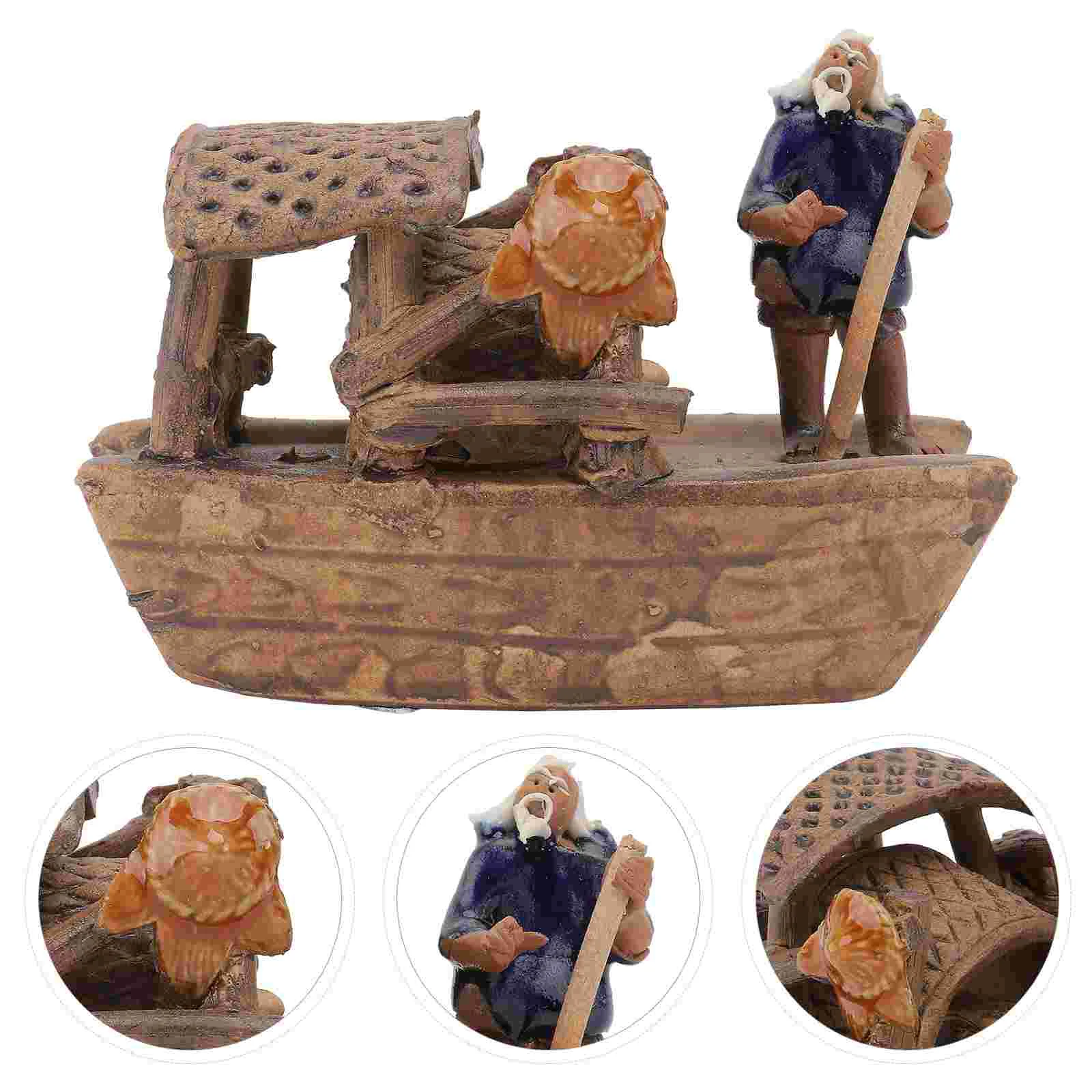 

Fisherman Figurine Fish Tank Mini Statue Sitting Boat Bonsai Sculpture Micro Landscape Figure With