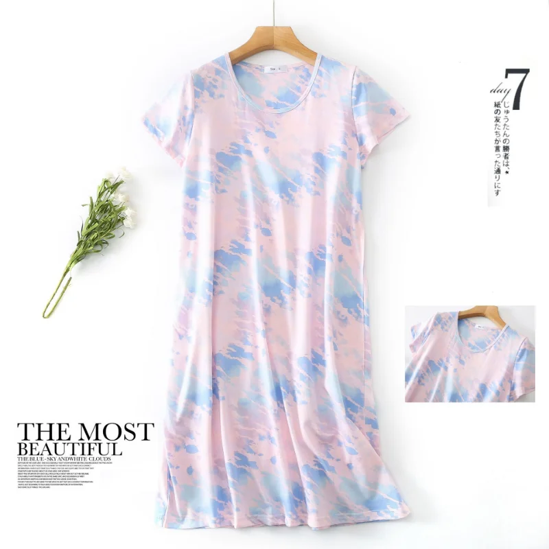 2023 summer nightdress women's large size cute tie-dye home service knitted cotton plus fat short-sleeved round neck pajamas