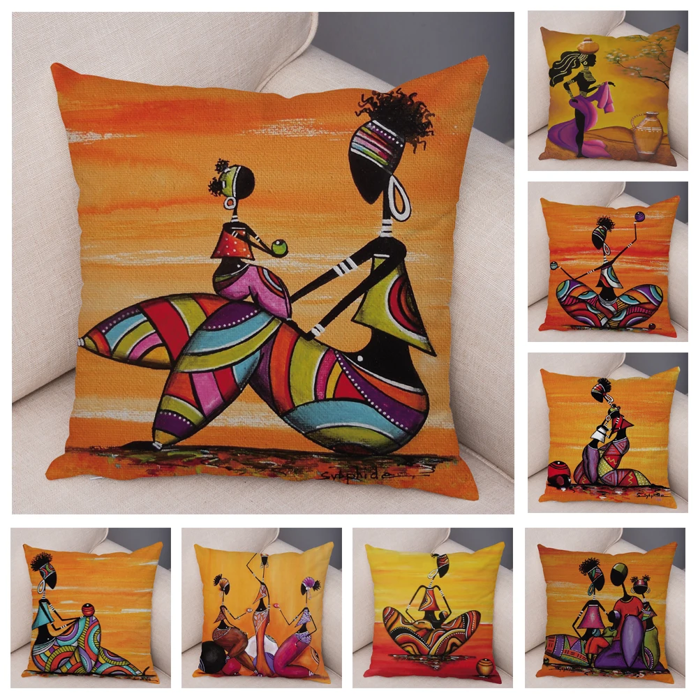 

African Woman Soft Plush Cushion Cover for Sofa Home Decor Orange Abstract Painting Pillow Case Africa life Collection Pillowcae
