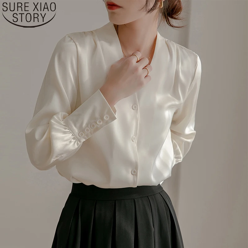 

Women Long Sleeve Acetate Satin Shirts 2022 Spring French V-neck Shirt Office Lady Tops Professional Temperament Ol Shirt 18730
