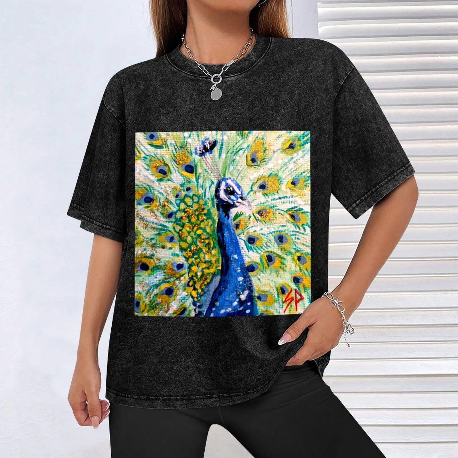 Футболка с павлином синяя блузка замком роскошные дизайнерские простые черные