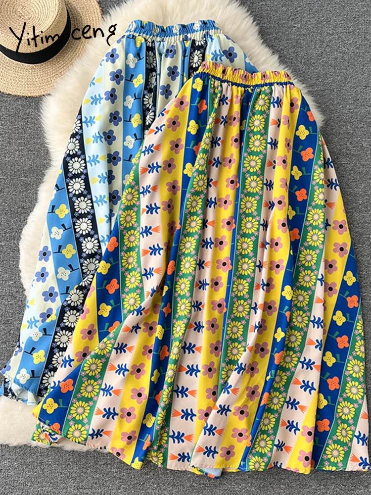 Юбка-миди Женская плиссированная с цветочным принтом модная трапециевидная юбка