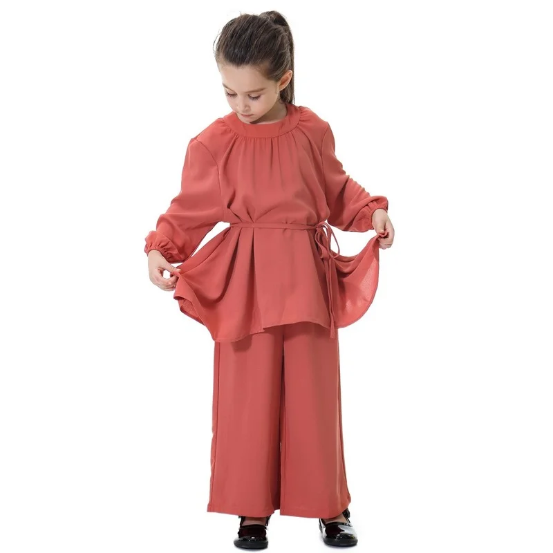 

Girl Suit Abaya Dubai Turkey Muslim Fashion Southeast Asia Girl Loose Wide Leg Pants Harem Suit Islamic Children's Clothing 2021