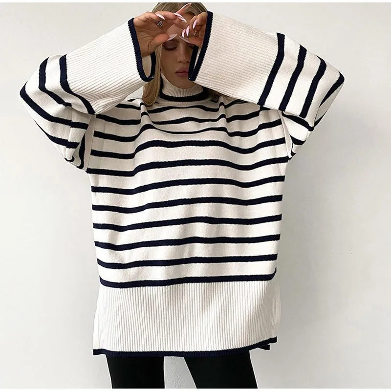 

Casual Loose Striped Sweaters for Women 2023 Turtleneck Long Sleeve Knitting Tops Fashion Knitwears Ladies Pullovers Streetwear