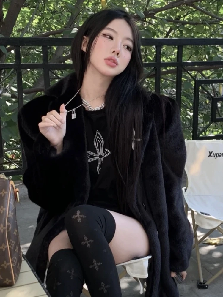 Black Faux Fur Coat Loose Suit Collar Mink Fur Coat Femme Vintage Fluffy Jacket Overcoat Winter Clothes Women 2022 Fashion Coats