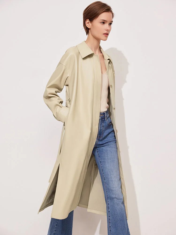 Женская однобортная кожаная куртка Amii длинное пальто с поясом в минималистском