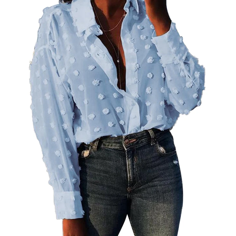 Рубашка женская шифоновая в горошек с V-образным вырезом и рукавами-фонариками -