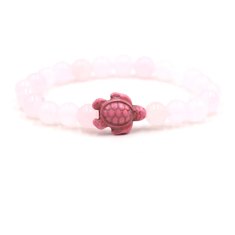 

12pcs Sea Turtle Charms Bracelet 8mm Natural Stone Rose Quartz Beads Strand Bracelet for Women Jewelry Gift