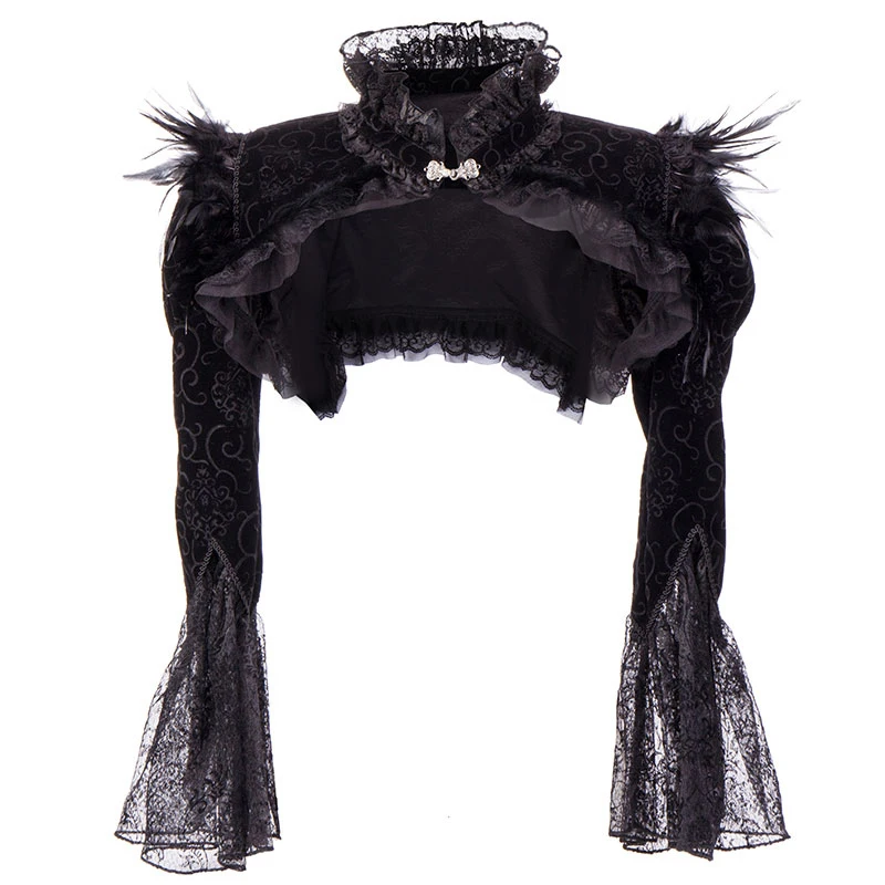 Black Flannel & Lace Flare Sleeves Feathers Stand Collar Short Gothic Victorian Coat Women Vintage Jacket Y2K Steampunk Clothing