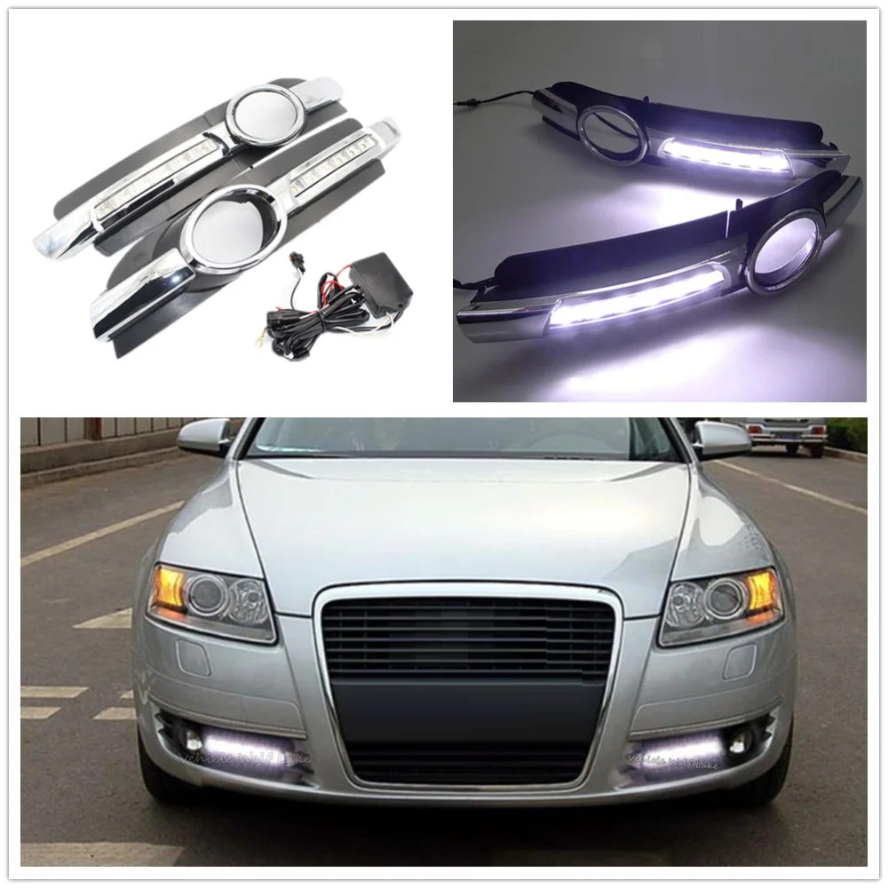 For AUDI A6 C6 2005 2006 2007 2008 Car-stying LED DRL Daytime Running lights with Fog Lamp hole  Waterproof Wire Of Harness