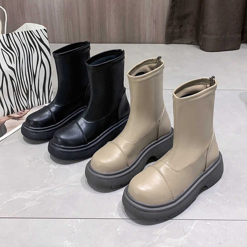 

Женские короткие ботинки челси, удобные ботильоны на толстой подошве и плоской подошве, на молнии, 2022