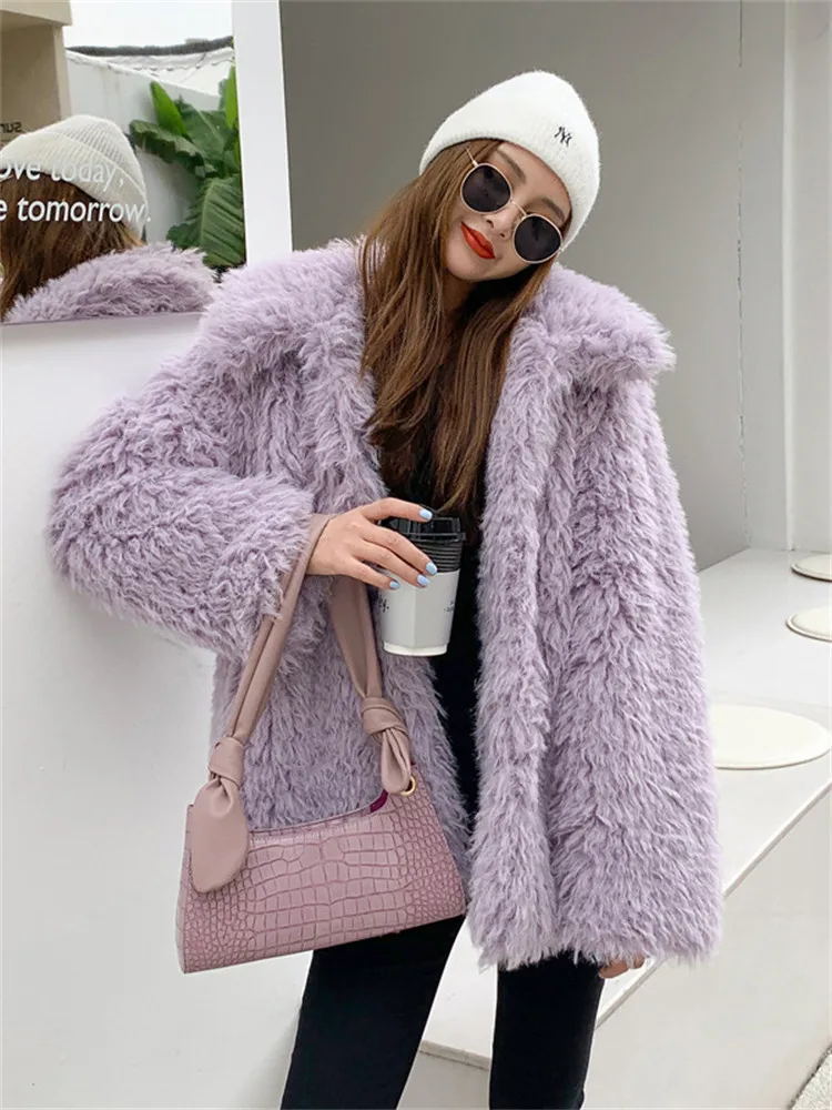 Elegant Violets Fur Coat Women Winter New Imitation Lamb Wool Coat Fashion Streetwear Lapel Single-breasted Jacket LR2340