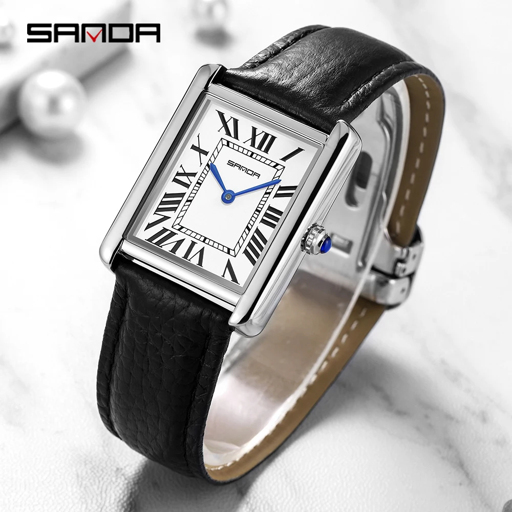 Sanda Brand Rectangular Wrist Watches For Women Silver Case Ladies Luxury Brand Genuine Leather Band Quartz Clock Zegarek Damski