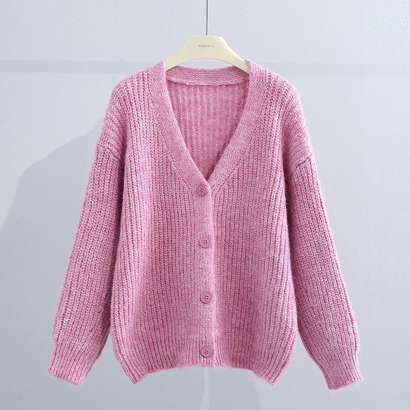 

Women's V-neck Sweater Cardigan Autumn and Winter New Fashion Commuting Loose Languid Style Thick Knit Jacket Casual Fashion