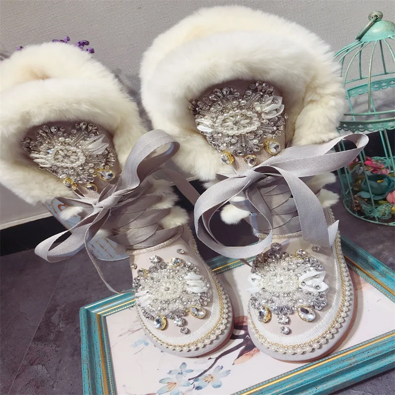 

Handmade pearl diamond custom middle boots heavy industry rabbit hair strap design plus velvet thick snow boots large size 35-44