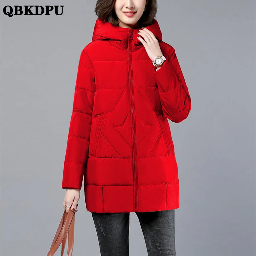 Mid-length Winter Cotton Padded Hooded Thick Coat Warm Oversized 4XL Women Overcoat Casual Parkas Loose Outwear Top Red Jackets