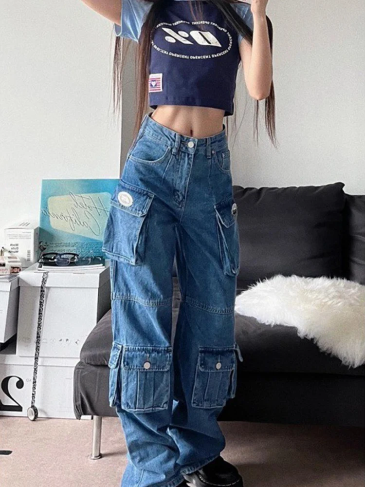 

Kalevest Y2K Gothic Trousers Jeans Blue Women Cargo Pant Gyaru Denim High Waist Baggy Jeans Rave Outfits Pockets Pantalones 2023
