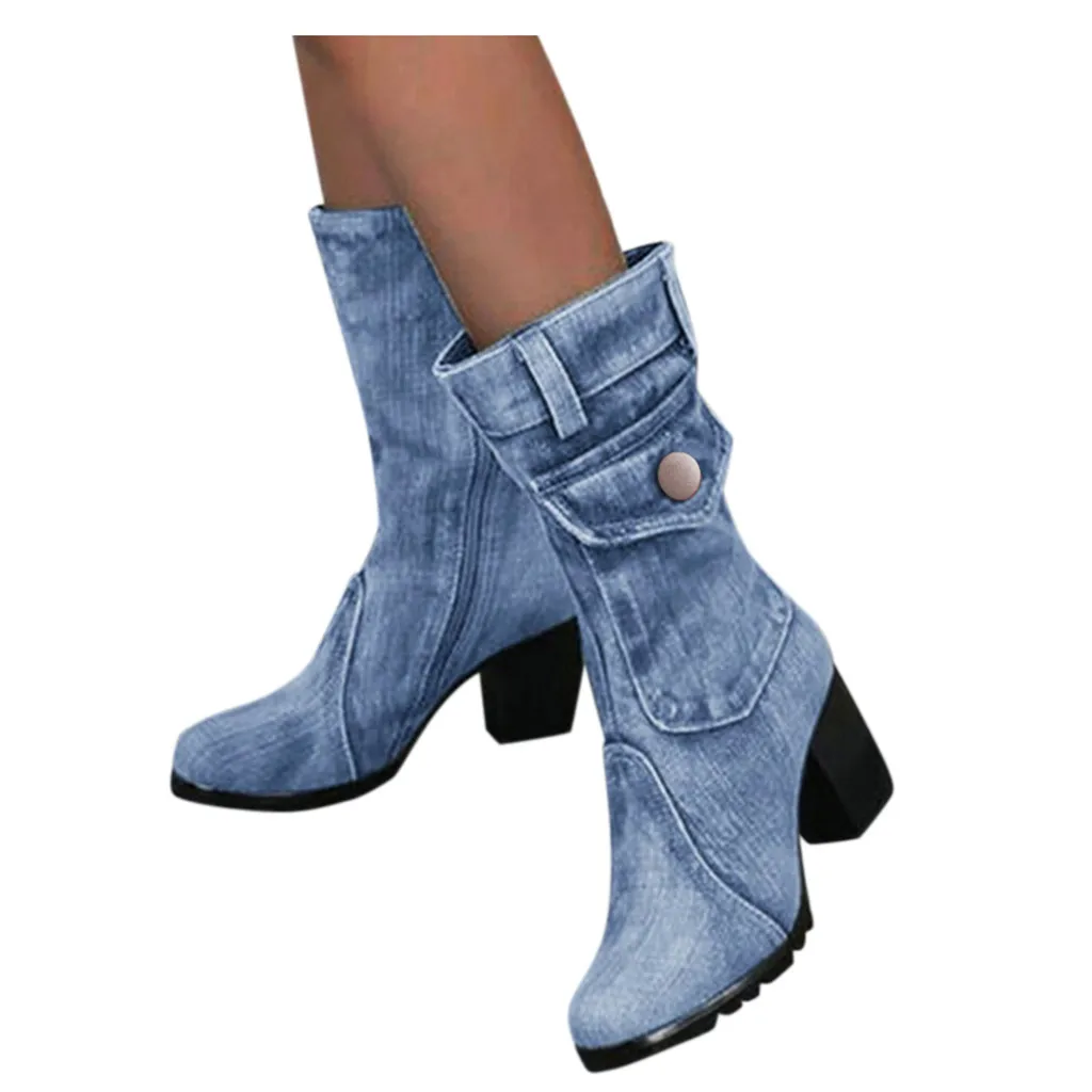 

2022 Blue jeans boots Women's Mid-rise Rome Solid Slip-On Chunky Med Heels Boots wild vintage Large Size Ladies shoes
