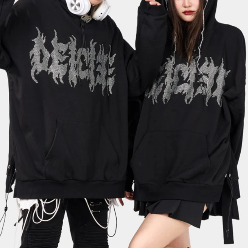 

Autumn Winter Korean Style Letters Rhinestones Hoodies Oversized Men Streetwear Black Unisex Fashion Casual Hooded Sweatshirt