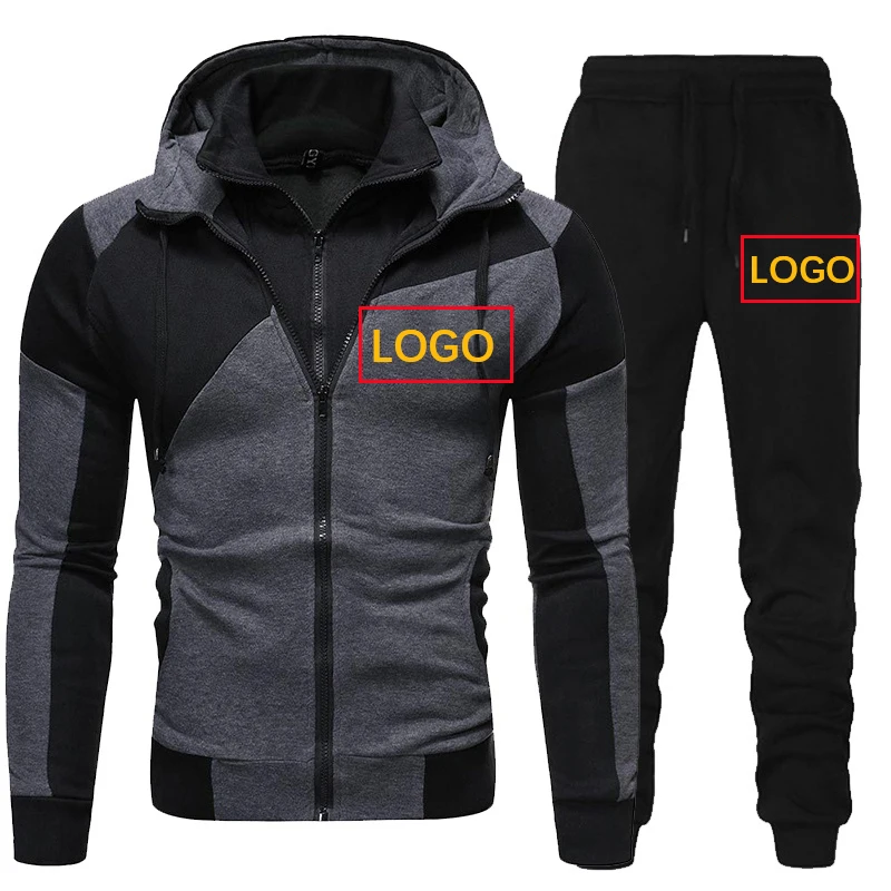 Custom LOGO Men Tracksuit Patchwork Zipper Hooded Jacket and Sweatpants Male Sportwear