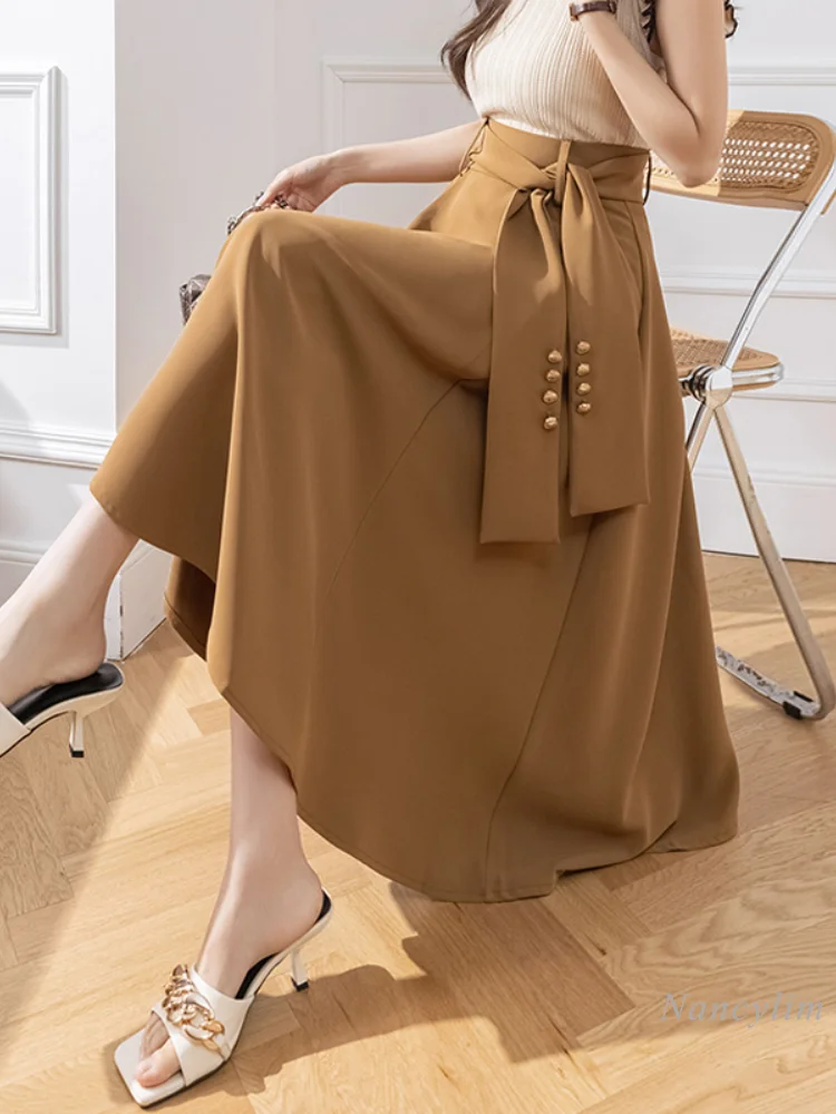 

Женская юбка цвета хаки на весну и лето, на шнуровке, трапециевидная юбка средней длины с высокой талией, приталенная, простая темпераментная юбка для молодых девушек, 2023