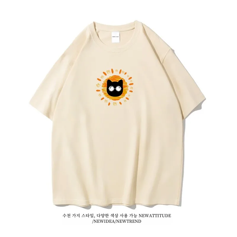 Xiaoxiao Sales Department/Summer Too Hot Sunglasses Black Cat Fun Short sleeve T-shirt Boys and Girls Pure Cotton T-s...