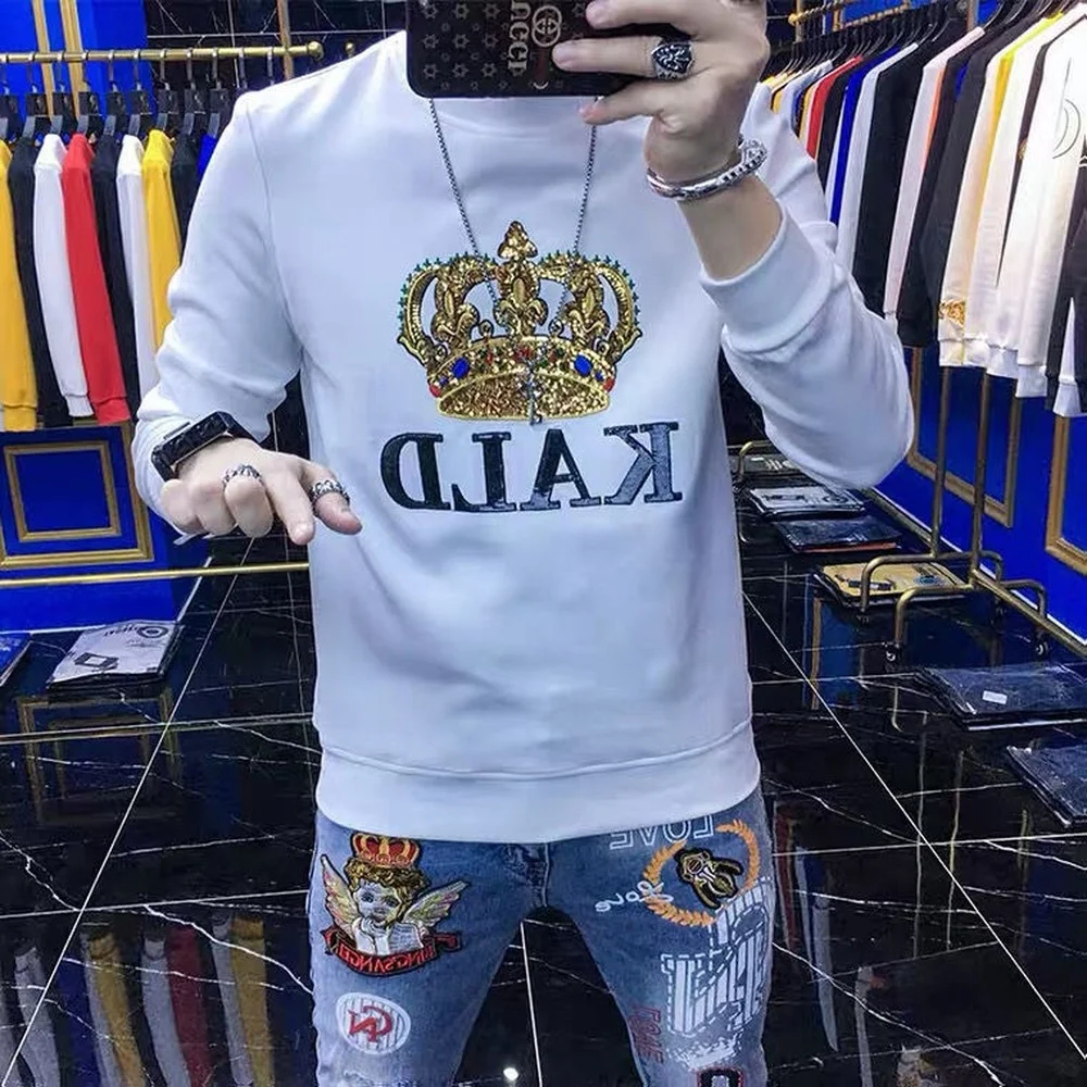 Купи Embroidery Sequined Black Men's Long-sleeved T-shirt, Autumn/winter Sweater Round Neck Long-sleeved Bottoming Shirt Men Clothing за 1,072 рублей в магазине AliExpress