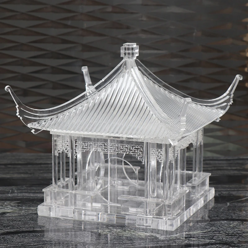 

New Chinese Transparent Ancient Building Pavilion Decoration Eaves Crafts Zen Model Room Entrance Bookcase Soft Decoration