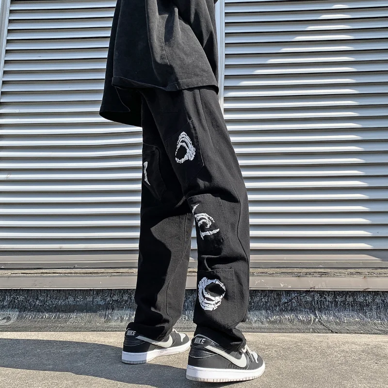 Y2k Emo Mens Black Harajuku Streetwear Alt Jeans Straight Fairy Grunge Wide Leg Pants Denim Trousers High Waist Oversize Clothes