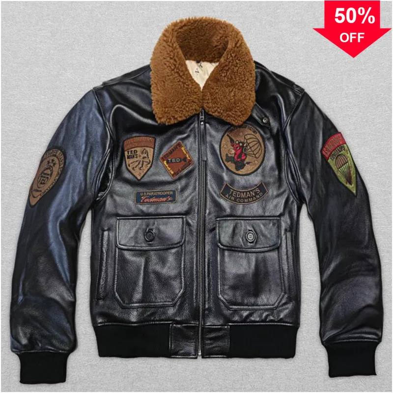 

2022 Brown Military Style Pilot Leather Jacket Wool Collar Europe Size Genuine Natural Thick Cowhide Winter Warm Aviator Coat