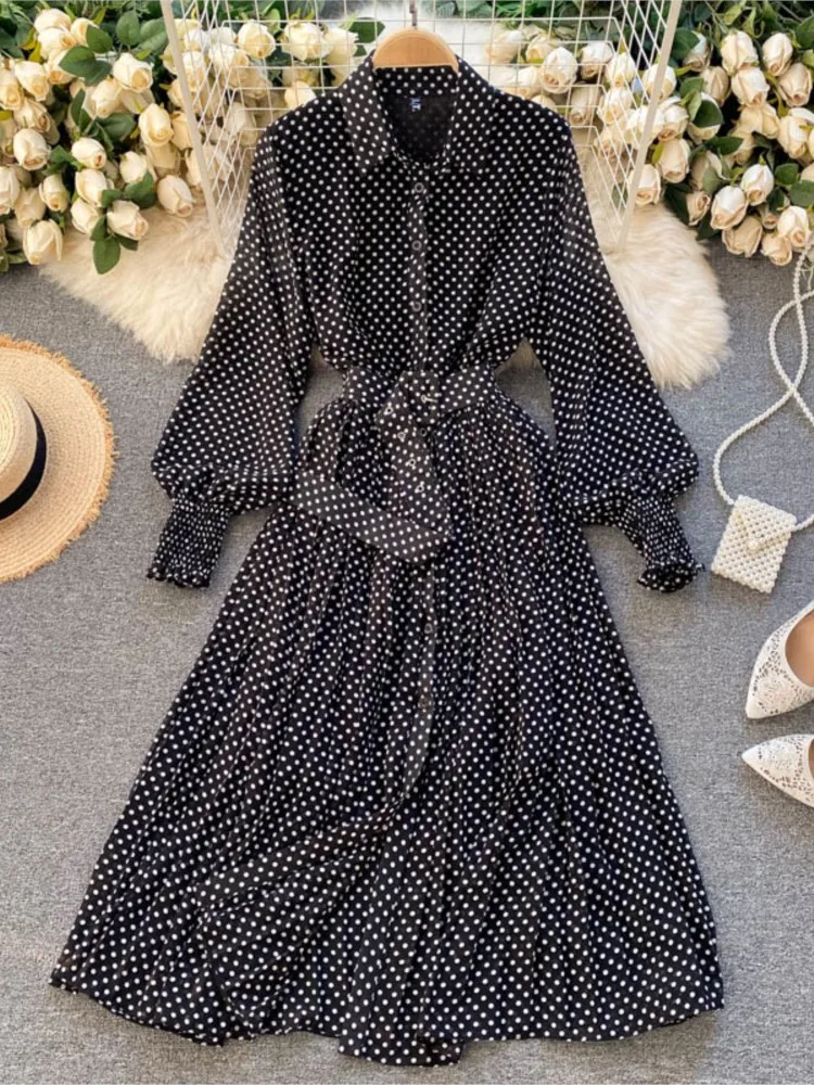 Spring Elegant Purple Women's Polka Dot Pleated Dress 2022 Korean Clothing Long Sleeve Vintage Chiffon Shirt Dress Female Robe
